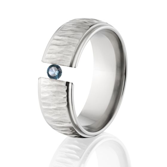 Blue Topaz Tension Set Ring, Titanium Rings, Tree Bark