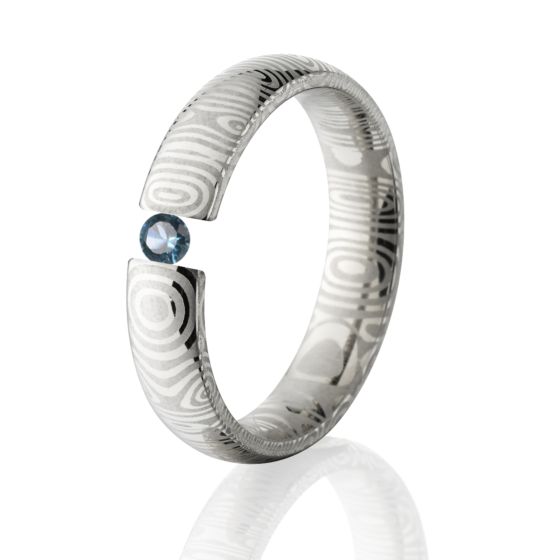Blue Topaz, Damascus Steel, Tension Set Ring