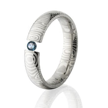 Blue Topaz, Damascus Steel, Tension Set Ring