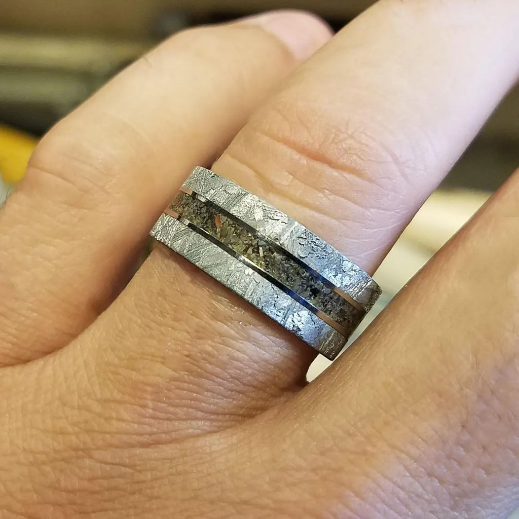 9mm Dinosaur Bone and Gibeon Meteorite Ring, Custom Made Meteorite Wedding Band