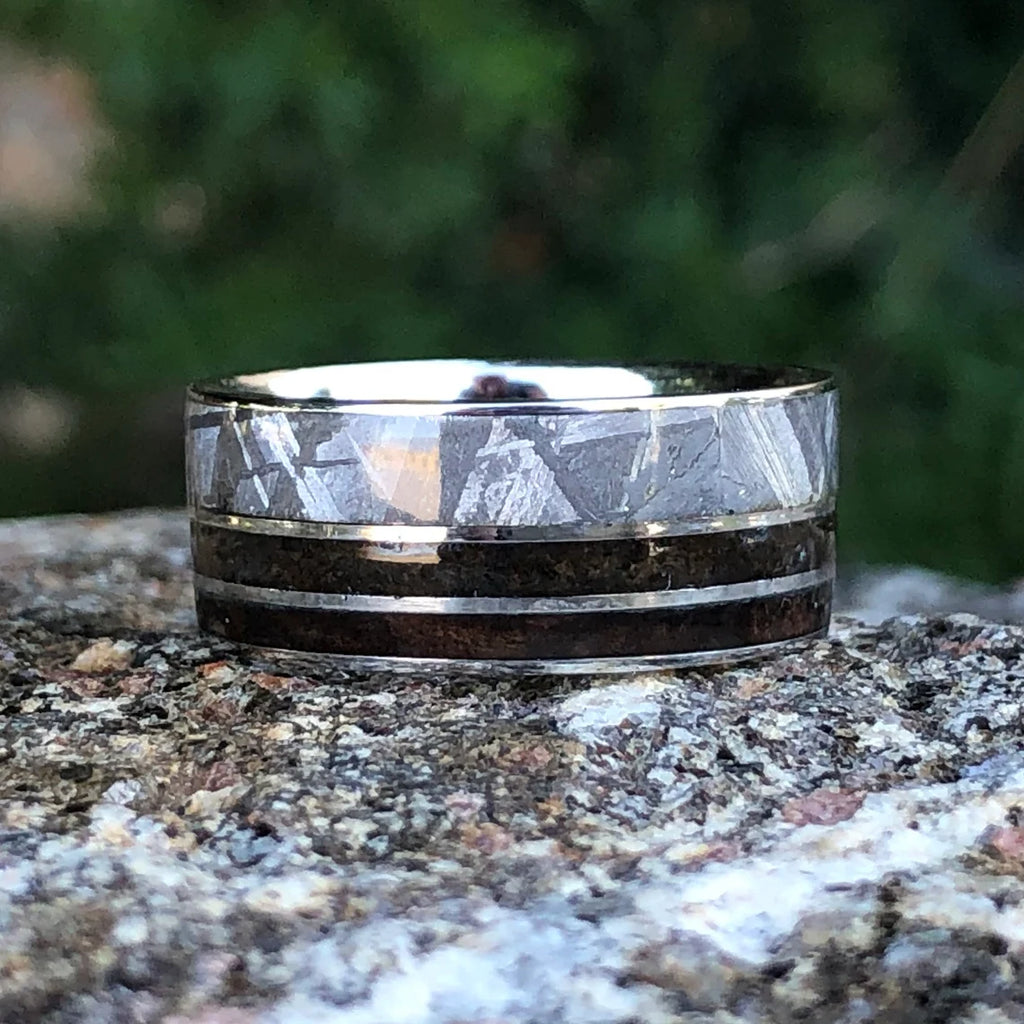 Gibeon Meteorite Wedding Band with Cobalt Chrome Sleeve - 10mm Authentic Double T-Rex Fossil Inlay
