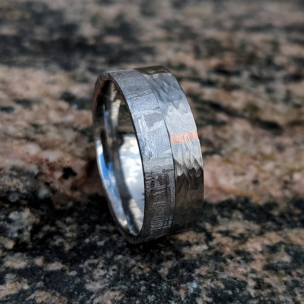 Gibeon Meteorite Ring, Custom Made Meteorite Wedding Bands 14k Rose Gold Inlay