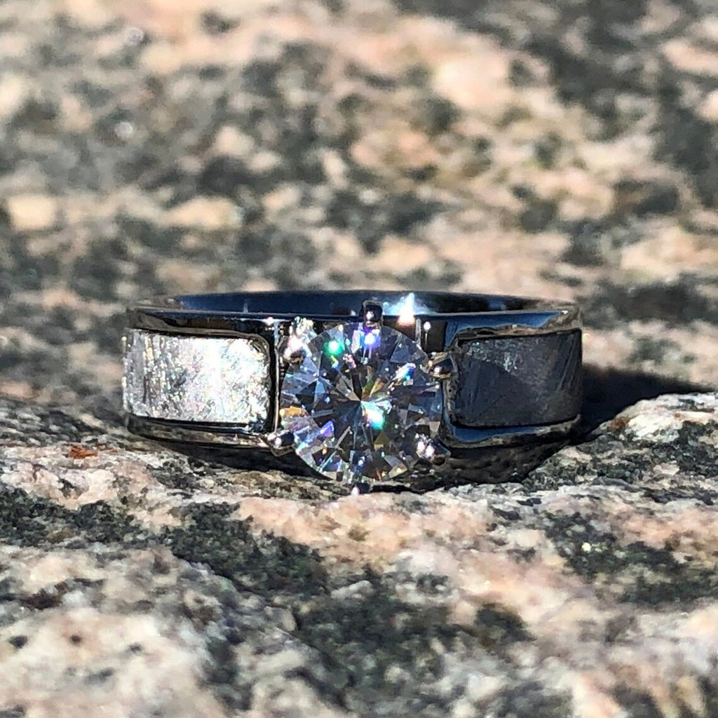New 6mm Wide Authentic Meteorite Engagement Ring with stunning Moissanite Round Cente