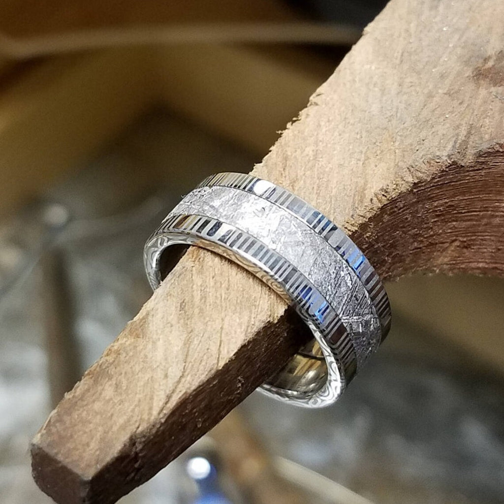 New 8mm Wide Gibeon Meteorite Ring with Comfort Fit Damascus Steel, Acid Etched Meteorite Rings