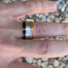 12mm Wide Gibeon Meteorite Ring with Orange Box Elder Burl and Arizona Ironwood Mens Rings