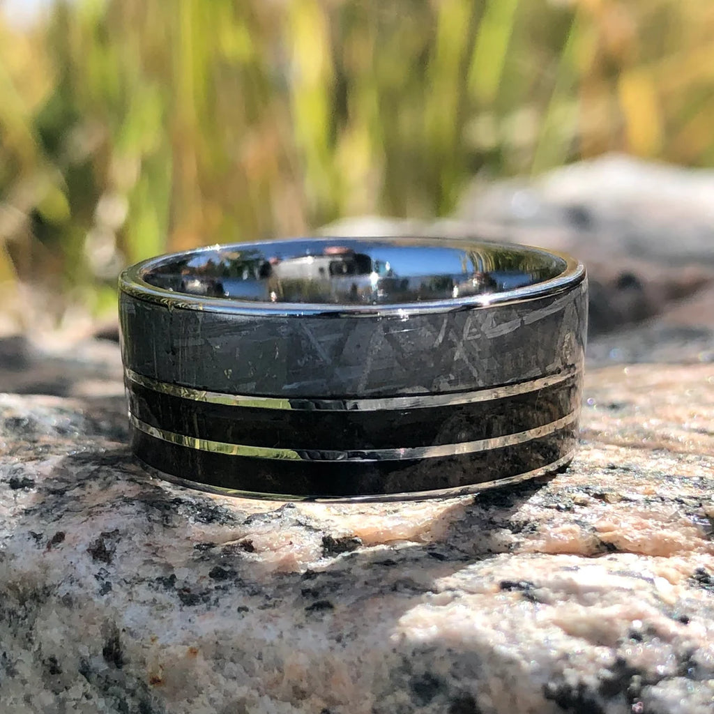 Gibeon Meteorite Wedding Band with Cobalt Chrome Sleeve - 10mm Authentic Double T-Rex Fossil Inlay