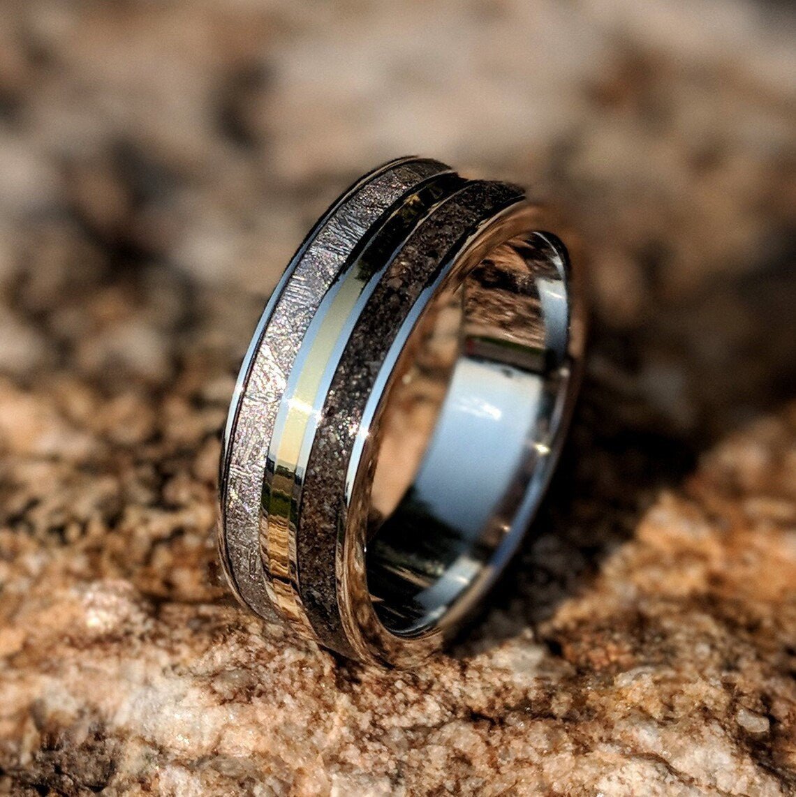 Meteorite Ring with 14k Gold and Dinosaur Fossil Inlay, Custom Made 14 ...
