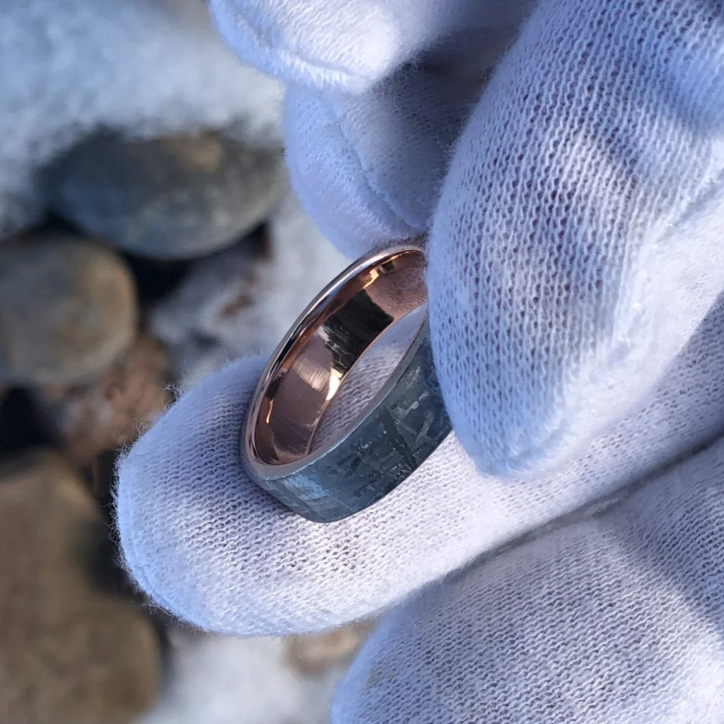 New 6mm Meteorite Ring with 14k Rose Gold Sleeve Wedding Band Custom Made Meteorite Wedding Rings