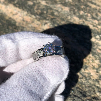 New 6mm Wide Authentic Meteorite Engagement Ring with stunning Moissanite Round Cente