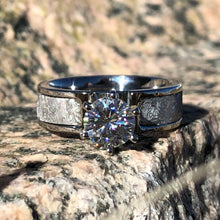 New 6mm Wide Authentic Meteorite Engagement Ring with stunning Moissanite Round Cente