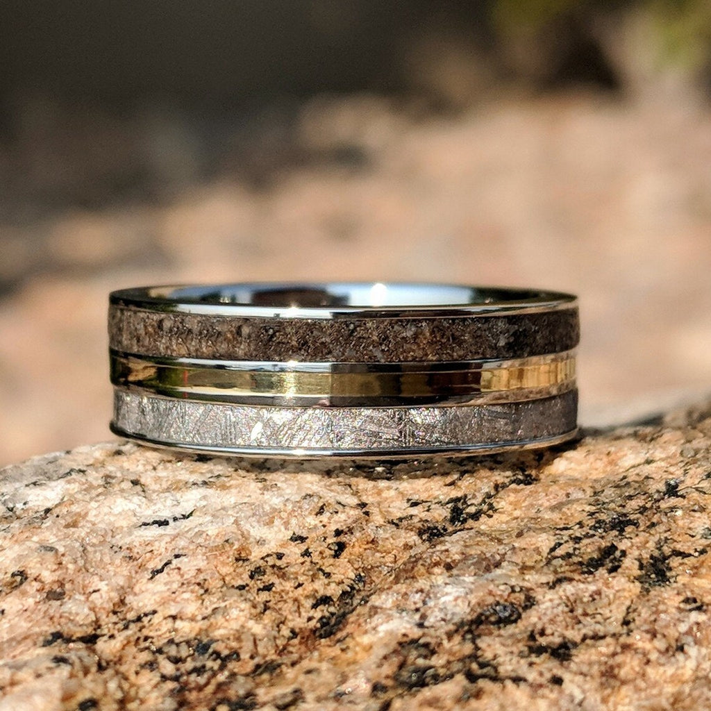 Meteorite Ring with 14k Gold and Dinosaur Fossil Inlay, Custom Made 14k Gold Meteorite Wedding Band