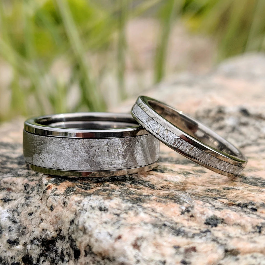 Meteorite Ring in Titanium, Wedding Band Set, Meteorite Titanium Rings Set - USA Made
