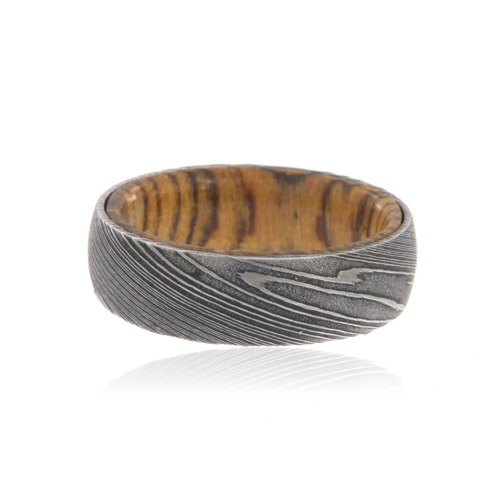 Damascus Steel Ring with Bocote Wood Sleeve Damascus Bands