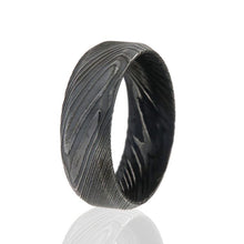 8mm Wide Beveled Damascus Steel Ring with Inside Comfort Fit Design and Acid Etch Finish
