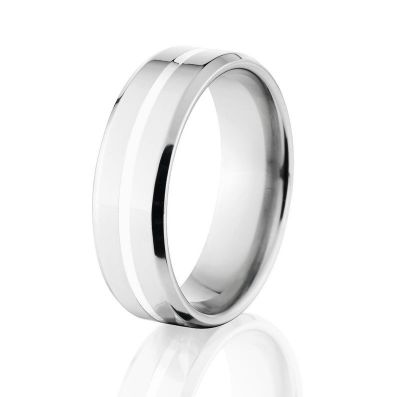 Cobalt Ring Beveled High Polished Wedding Band w/ Silver Inlay, USA Made Cobalt Wedding Rings