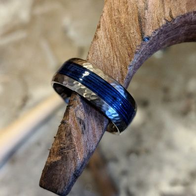 Hammered Titanium Band, Fishing Ring - 8mm Blue Wedding Ring