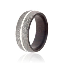 New 8mm Wide Damascus Steel Ring with a Sterling Silver Inlay and Ebony Wood Sleeve
