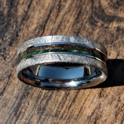 8mm Dinosaur Bone and Gibeon Meteorite Ring, Box Elder Burl Pinstripe, Custom Made Meteorite Wedding Band