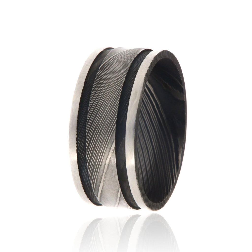Damascus Steel Rings For Men USA Made Damascus Bands Black Wedding Bands Three Tone Ring