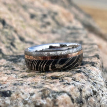 6mm Wide Gibeon Meteorite Ring Damascus Steel Band w/ 14k Rose Gold, Groom's Wedding Band