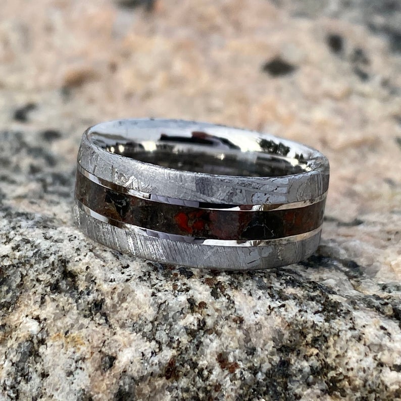 Meteorite Ring Wedding Band w/ Dinosaur Bone And Obsidian Center Inlay USA Made