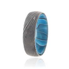 Damascus Steel Ring with Ocean Blue Sleeve Damascus Bands USA