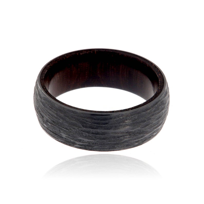 8mm Black Zirconium Ring With Tree Bark Finish and Ebony Wood Sleeve