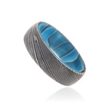 Damascus Steel Ring with Ocean Blue Sleeve Damascus Bands USA