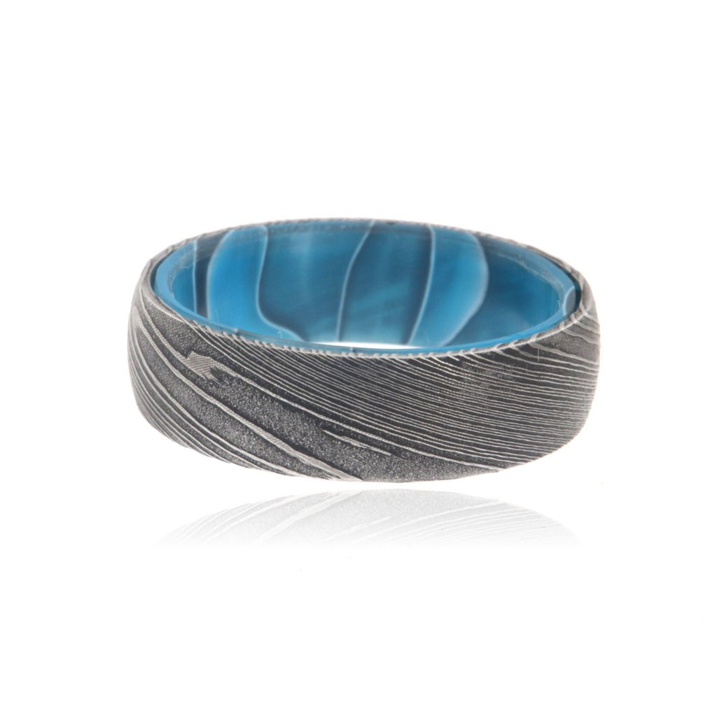 Damascus Steel Ring with Ocean Blue Sleeve Damascus Bands USA