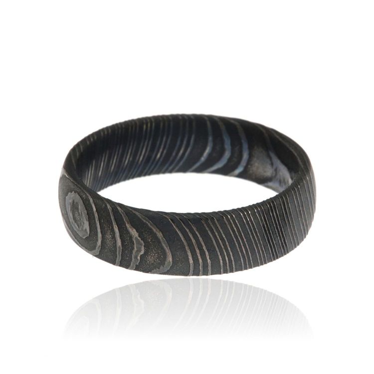 6mm Wide Black Acid Etched Damascus Steel Ring, USA Made Wedding Bands For Men