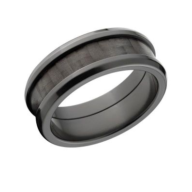 USA Made Custom Carbon Fiber Wedding Band, 8mm Black Zirconium Carbon Fiber Rings w/ High Polish Finish  : BZ-8FT-Carbon-Fiber