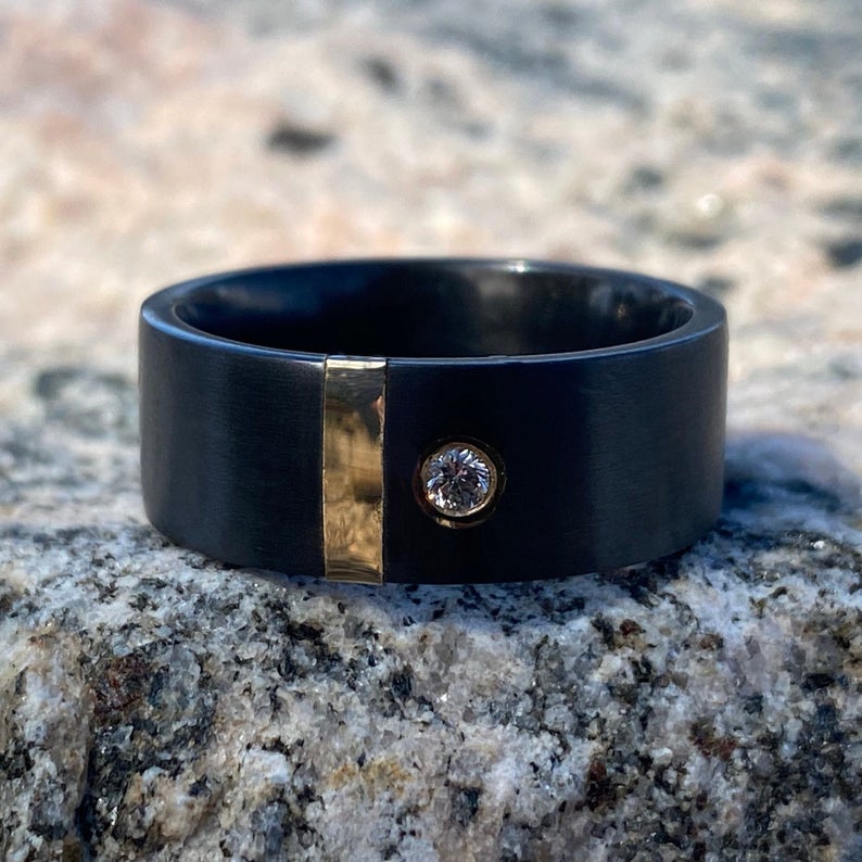 8mm Wide Black Zirconium Ring With 14k Yellow Gold Inlay Center Diamond With Premium Satin Finish  Rings