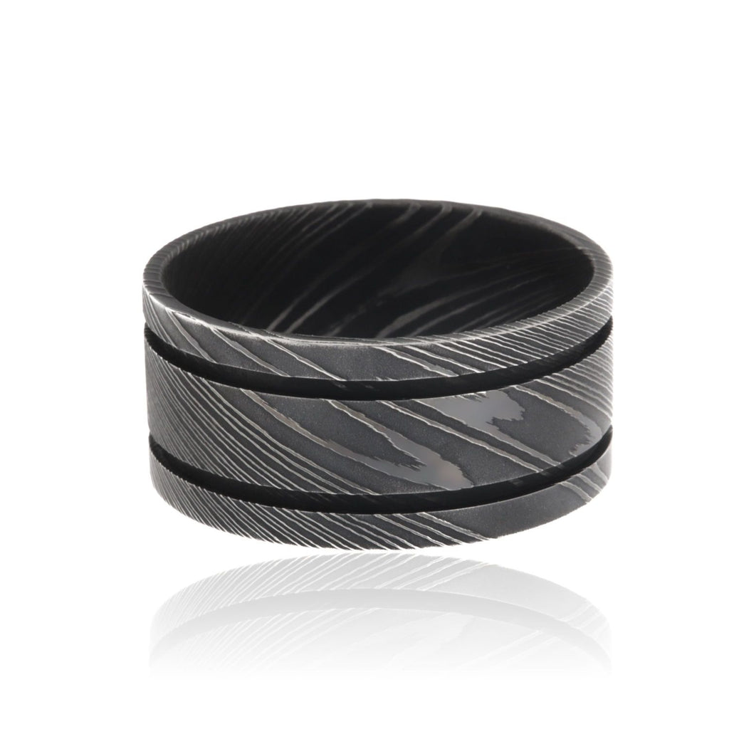 11mm Wide Damascus Steel Rings For Men USA Made Damascus Bands Black Wedding Bands