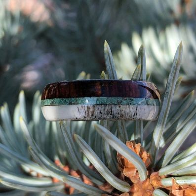 Antler Wedding Rings Turquoise Bands w/ Arizona Ironwood and Titanium Sleeve