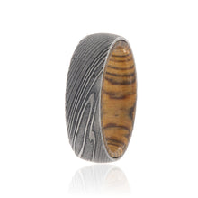 Damascus Steel Ring with Bocote Wood Sleeve Damascus Bands