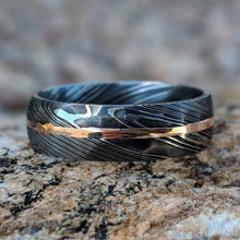 His and Her Damascus Wedding Band Set with 14k Rose Gold Inlay and Hammered Finish