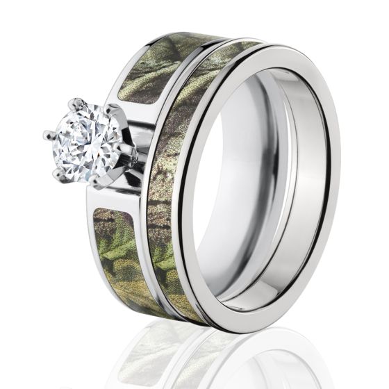 Womens Green Camo Bridal Set, Camo Wedding Ring Set for Women