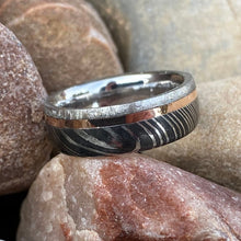 6mm Wide Gibeon Meteorite Ring Damascus Steel Band w/ 14k Rose Gold, Groom's Wedding Band