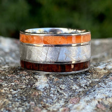 12mm Wide Gibeon Meteorite Ring with Orange Box Elder Burl and Arizona Ironwood Mens Rings