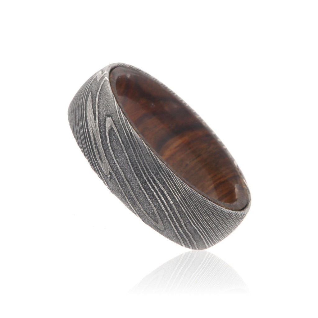 Damascus Steel Ring with Tamboti Wood Sleeve Damascus Bands