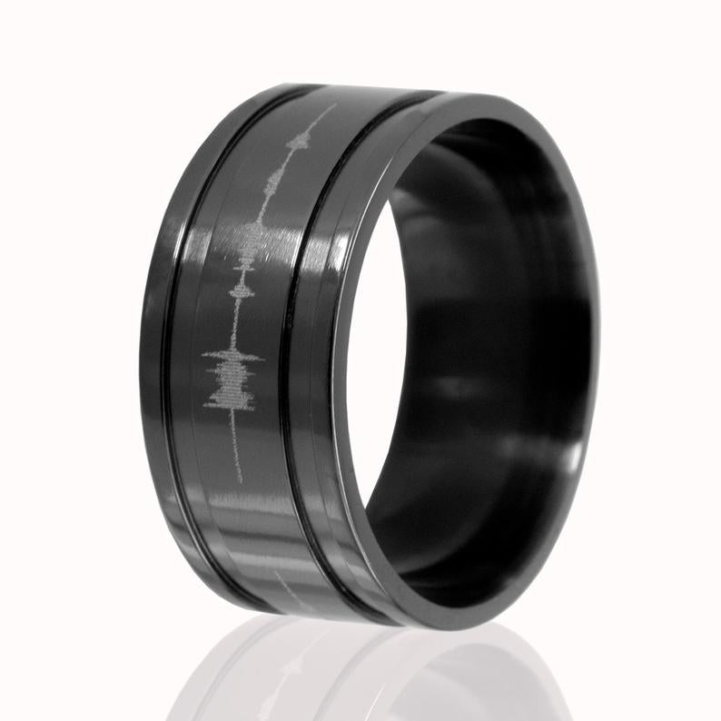 10mm Wide Personalized Sound Wave Black Zirconium Ring