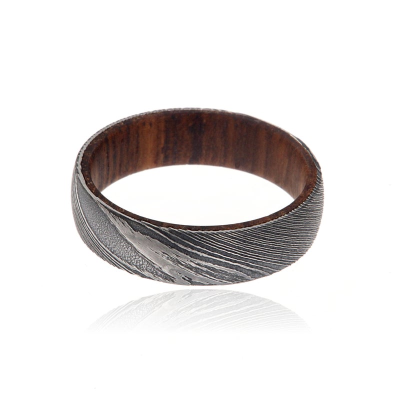 6mm Wide Damascus Steel Ring with Rosewood Sleeve