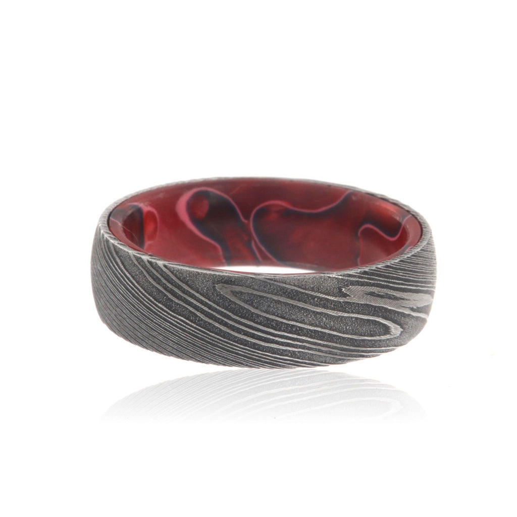 Damascus Steel Ring with Fire Acrylic Sleeve Damascus Bands USA