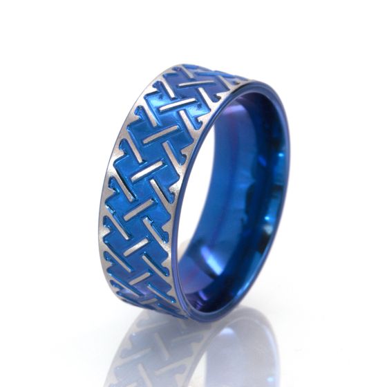 8mm Blue Heart Beat Anodized Ring, Titanium Ring