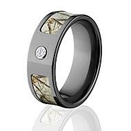 Realtree Snow Camo Rings, Camouflage Wedding Bands, Black Zirconium Snow Camo ring w/ Diamond and Co