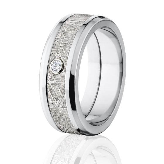 Beveled Meteorite Wedding Ring, Diamond Titanium Meteorite Band
