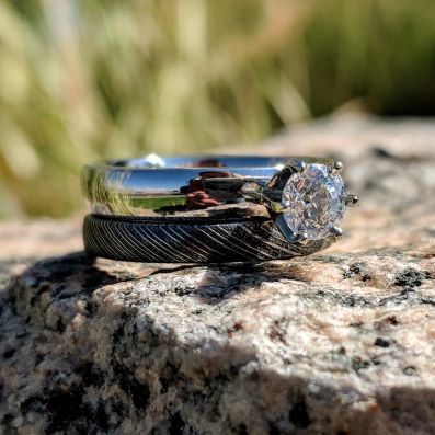 1/2 Diamond Ring Damascus Steel Bridal Set, Cobalt Chrome Damascus Engagement Ring