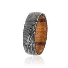 Damascus Steel Ring with Marble Wood Sleeve Damascus Bands USA