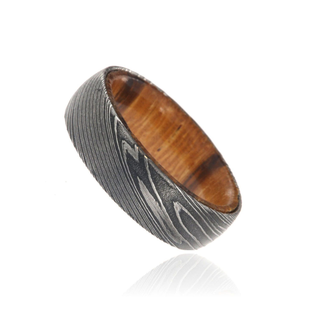 Damascus Steel Ring with Marble Wood Sleeve Damascus Bands USA