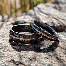His and Her Damascus Wedding Band Set with 14k Rose Gold Inlay and Hammered Finish